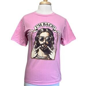 I'M BACK Graphic Jesus Peace Sign Pink T-Shirt Spiritual Faith Christian Small